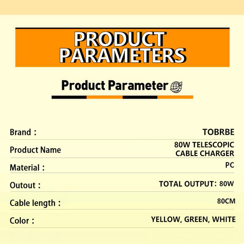 TOBRBE 3 in 1 Gan Charger, Retractable 80W MAX Fast Charger Block with Type-C Cable & 2 USB Ports, Portable Adapter Iphone Smartphone Electronic, Yellow, Cellphone, Folding Charging