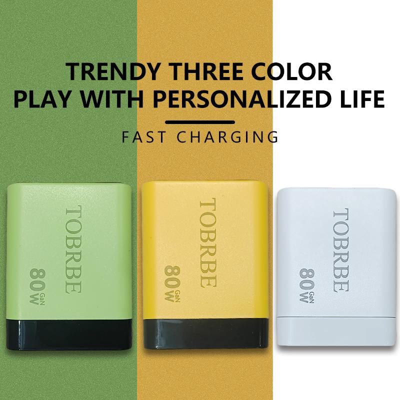 TOBRBE 3 in 1 Gan Charger, Retractable 80W MAX Fast Charger Block with Type-C Cable & 2 USB Ports, Portable Adapter Iphone Smartphone Electronic, Yellow, Cellphone, Folding Charging