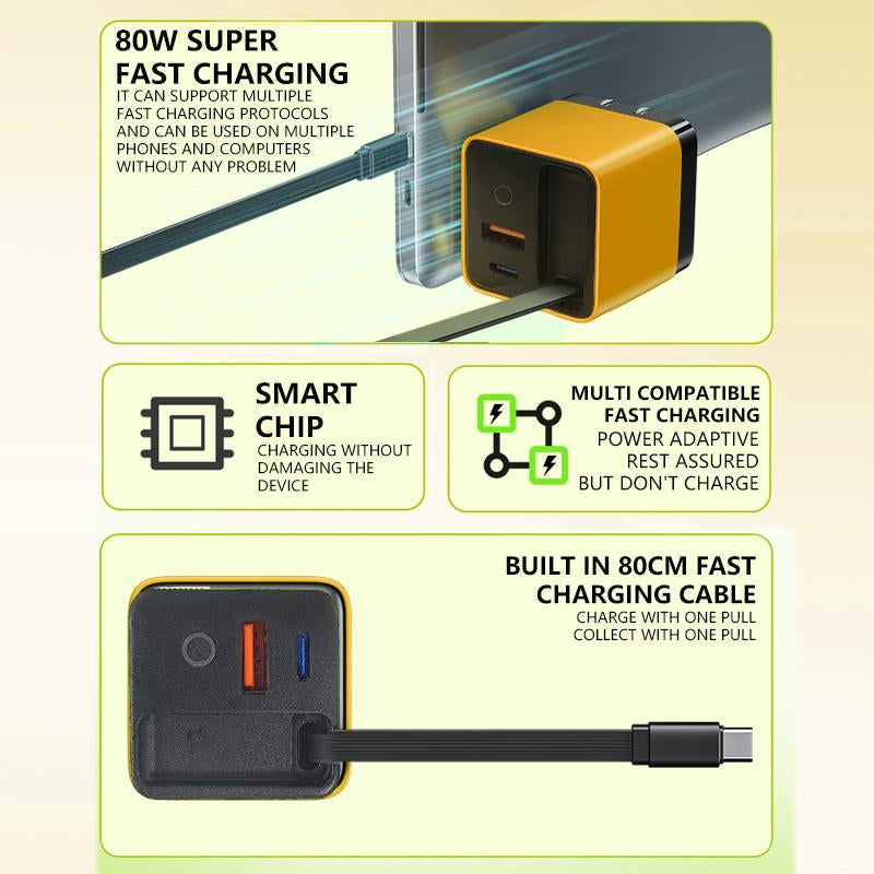 TOBRBE 3 in 1 Gan Charger, Retractable 80W MAX Fast Charger Block with Type-C Cable & 2 USB Ports, Portable Adapter Iphone Smartphone Electronic, Yellow, Cellphone, Folding Charging