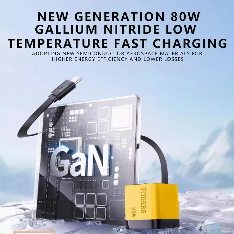 TOBRBE 3 in 1 Gan Charger, Retractable 80W MAX Fast Charger Block with Type-C Cable & 2 USB Ports, Portable Adapter Iphone Smartphone Electronic, Yellow, Cellphone, Folding Charging