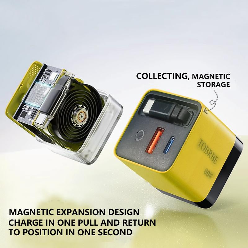 TOBRBE 3 in 1 Gan Charger, Retractable 80W MAX Fast Charger Block with Type-C Cable & 2 USB Ports, Portable Adapter Iphone Smartphone Electronic, Yellow, Cellphone, Folding Charging