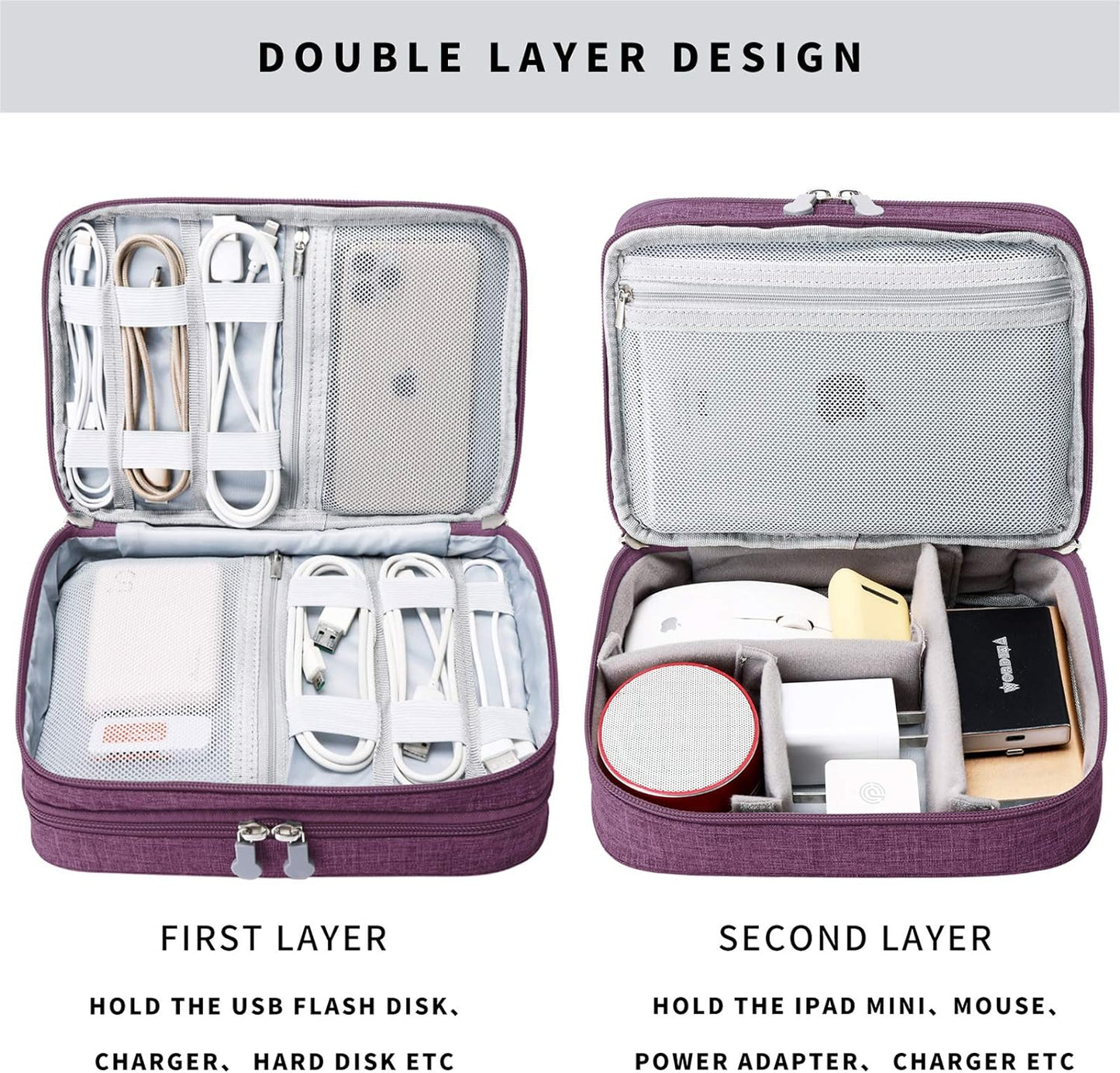 Travel Cable Organizer Bag, Electronic Accessories Case Portable Double Layer Cable Storage Bag for Cord,Phone,Charger, Flash Drive, Phone, SD Card,Personal Items - (Purple)